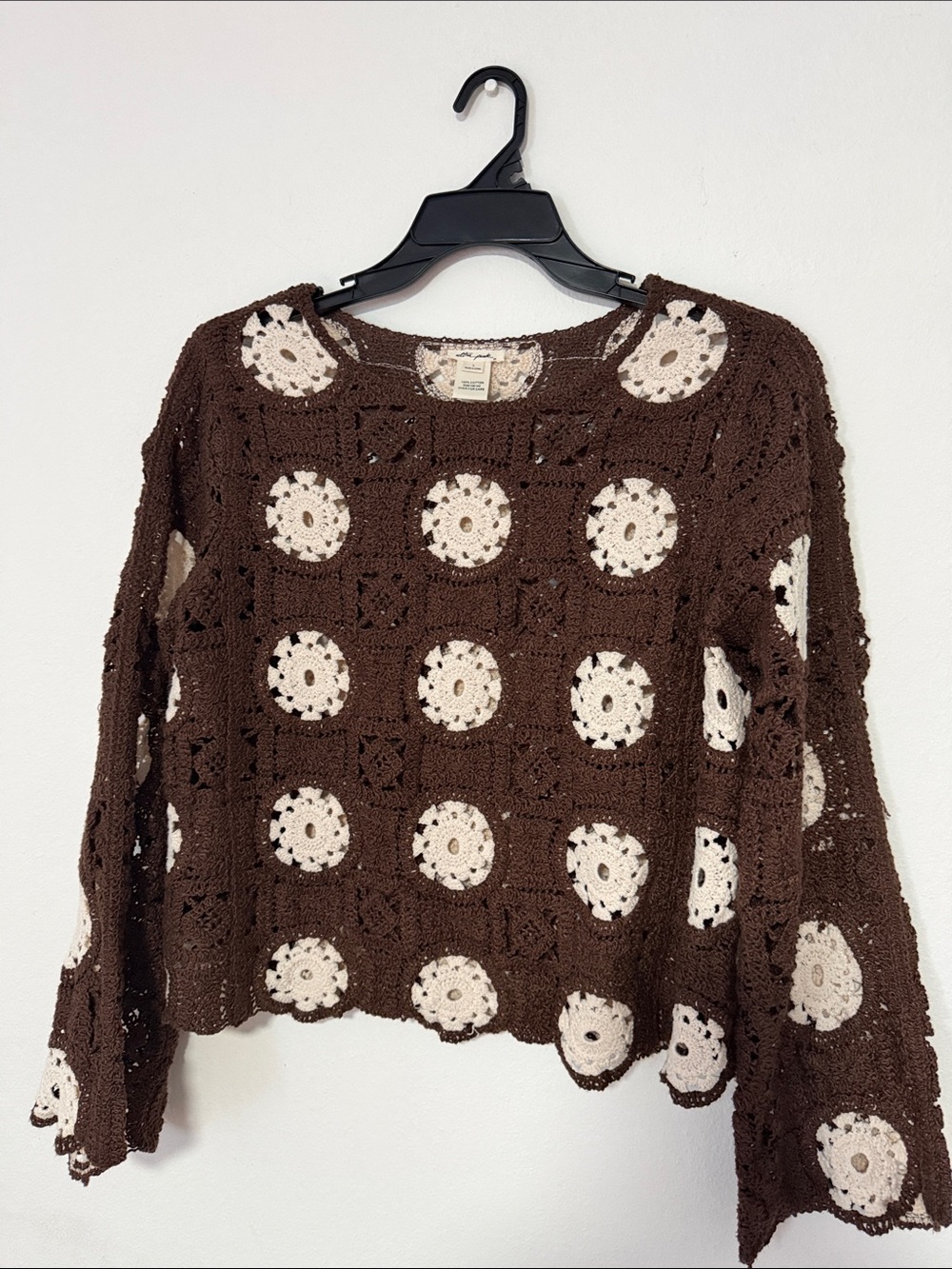Ultra Pink Brown Crochet Circle Accent Sweater
